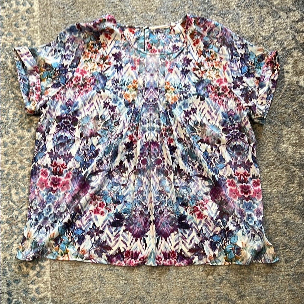 Soft Surroundings Blue Red Graphic Blouse with Peter Pan Collar